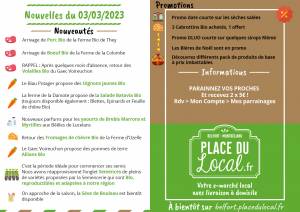 Nouvelles du 03/03/2023 - Boeuf Bio, Poulet Bio, Salade, Epinards, Fromage de chèvre, Pomme de terre, Promo...