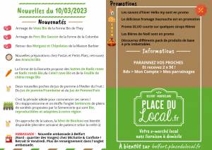 Nouvelles du 10/03/2023 - Nouvelle ambassade Belfort nord - Radis Bio, Porc Bio Gascon, Veau Bio, Chipo et Merguez, Jus de pommes, Arancini, promos...