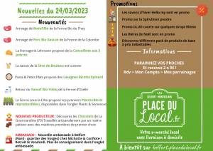 Nouvelles du 24/03/2023 - Boeuf Bio, Porc Gascon, Sève de Bouleau, Cancoillotte Poivre, Yaourt de Chèvre, Lasagnes, Promos...