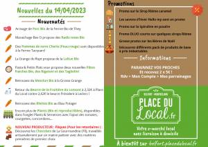 Nouvelles du 14/04/2023 - Porc Bio, Radis, Meclun, Pâtes Fraîches, Salades, Plants, Promos...