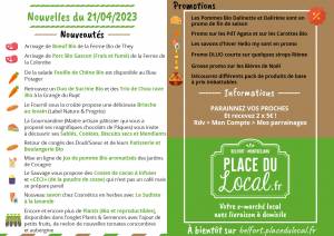 Nouvelles du 21/04/2023 - Boeuf Bio, Porc Gascon, Sucrine, Chou rave, Brioche, Jus de Pomme aromatisé Bio, Savon, Promotions...